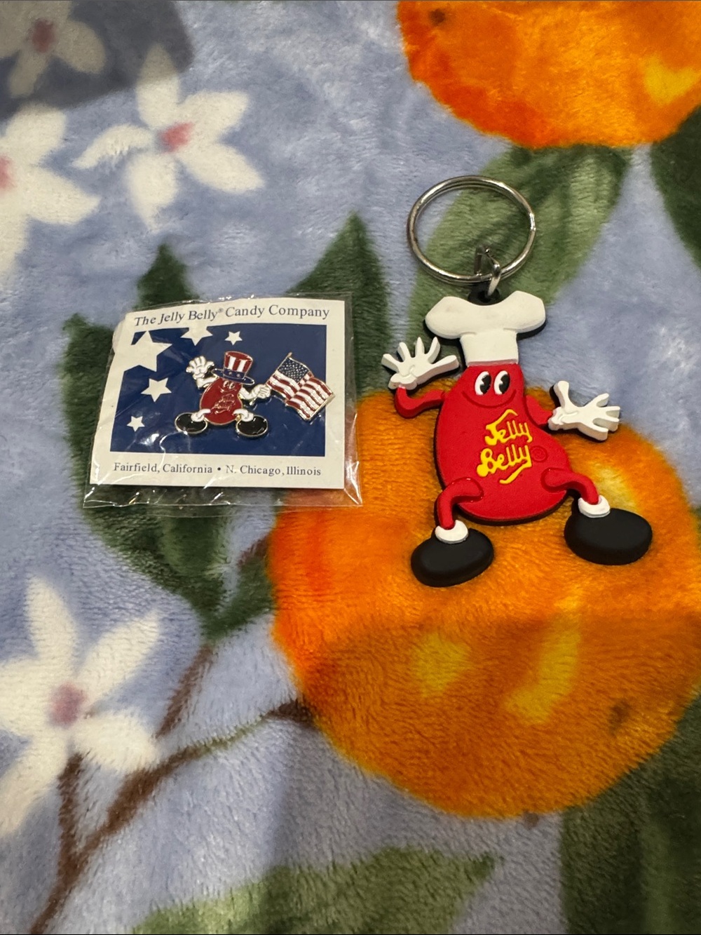 Jelly Belly Red Mascot Keychain and American flag Pin! Brand new, from factory